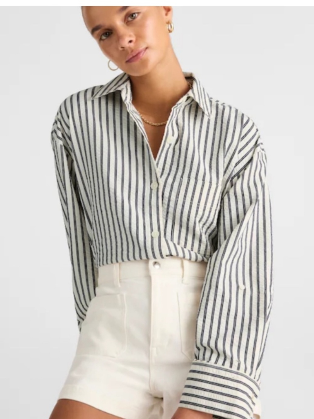 Madewell Straight-Hem Shirt Seersucker Button-Down White Black Striped Blouse XL